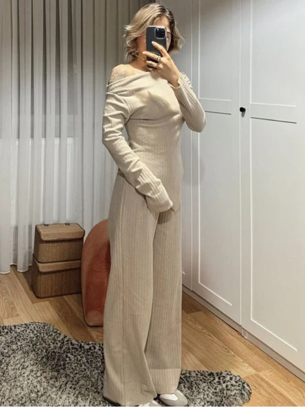 Kadın Uzun Kollu Omuzlardan Açık Asimetrik Kesim Kaşkorse Bluz Ve Pantolon Ikili Pantolon - Resim 9