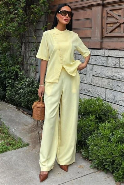 Hakim Yaka Çapraz Düğmeli Plazzo Pantolon Viscon Keten Takım 10209 - Resim 5