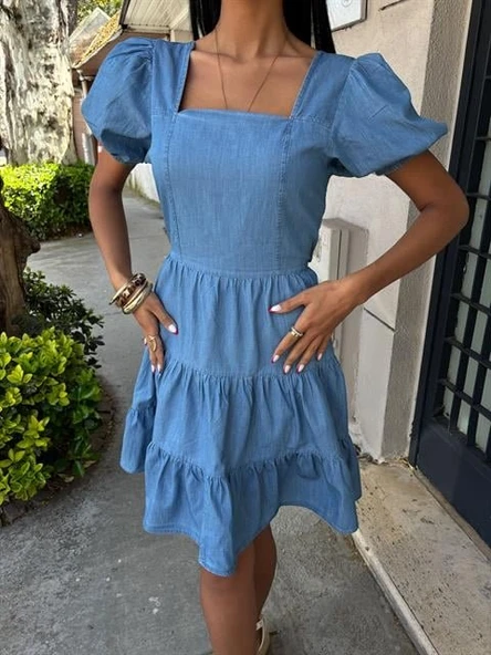 Kare Yakalı Ve Gipe Detaylı Tensel Elbise 2883 - Resim 8