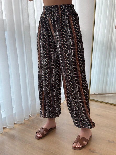 Kadın Yüksek Bel Etnik Desenli Geniş Dökümlü Bürümcük Pantolon - Resim 3