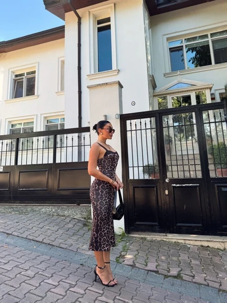 Kadın Dalgıç Kumaş Dijital Leopar Baskılı Midi Boy Elbise - Resim 7