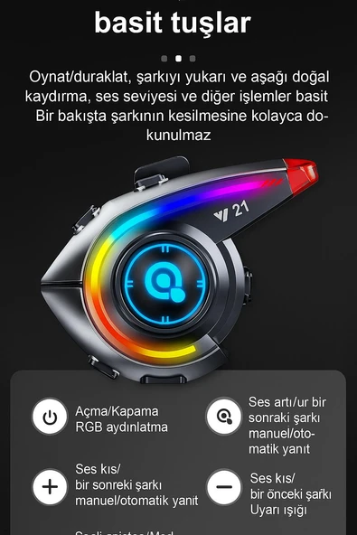 Y21 Bluetooth Motosiklet Kask Kulaklığı  Renkli LED Işıklı, İnterkom Destekli, Yüksek Ses Kalites - 4