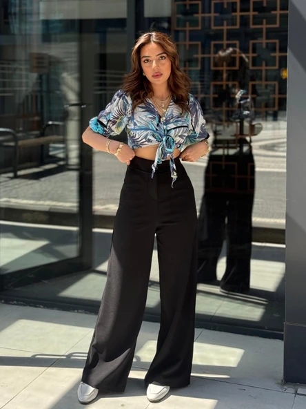 Kadın Yüksek Bel Geniş Paça Detaylı Cepli Ithal Krep Pantolon - Resim 2