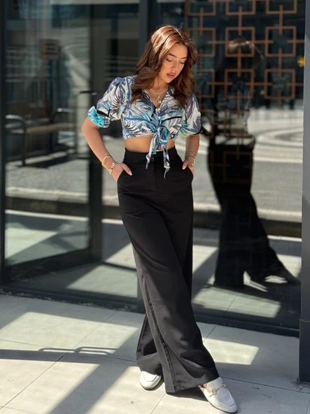 Kadın Yüksek Bel Geniş Paça Detaylı Cepli Ithal Krep Pantolon ürün görseli 1