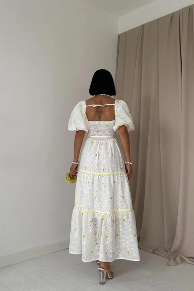 Sarı Dantel Detaylı Brode Elbise - Resim 4