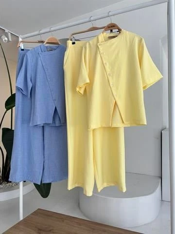 Hakim Yaka Çapraz Düğmeli Plazzo Pantolon Viscon Keten Takım 10209 - Resim 11