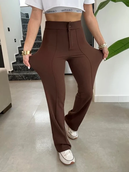 Kadın Yüksek Bel Full Likralı Krep Kumaş Pantolon - Resim 11