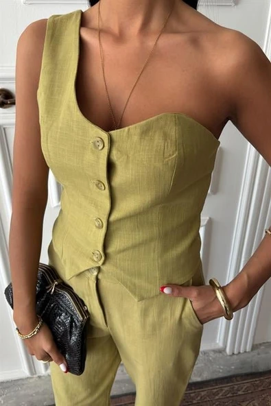 Tek Omuz Büstiyer Plazzo Pantolon Viscon Takım 10159 - Resim 7