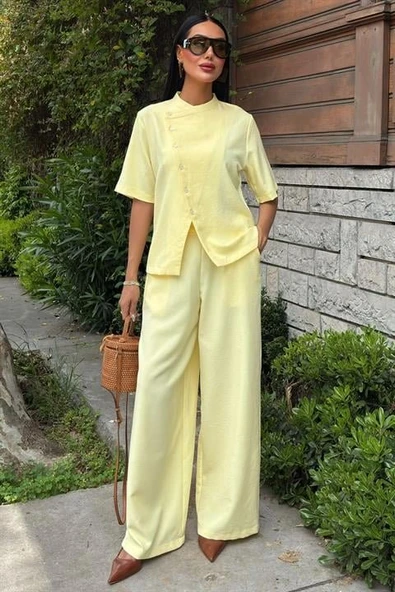 Hakim Yaka Çapraz Düğmeli Plazzo Pantolon Viscon Keten Takım 10209 - Resim 6