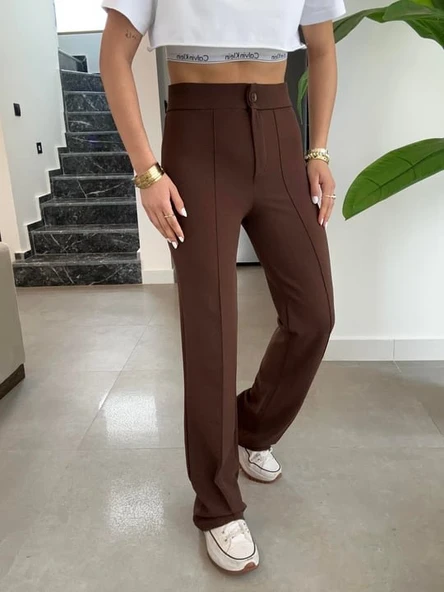 Kadın Yüksek Bel Full Likralı Krep Kumaş Pantolon - Resim 5