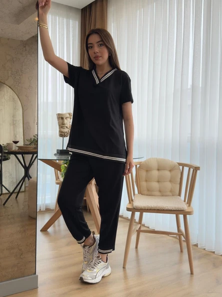 Kadın Kısa Kollu V Yakalı Iki Iplik Bluz Ve Pantolon Ikili Takım - Resim 4