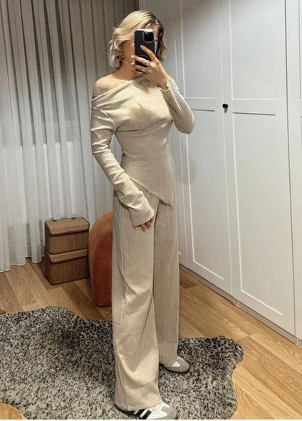 Kadın Uzun Kollu Omuzlardan Açık Asimetrik Kesim Kaşkorse Bluz Ve Pantolon Ikili Pantolon - Resim 10
