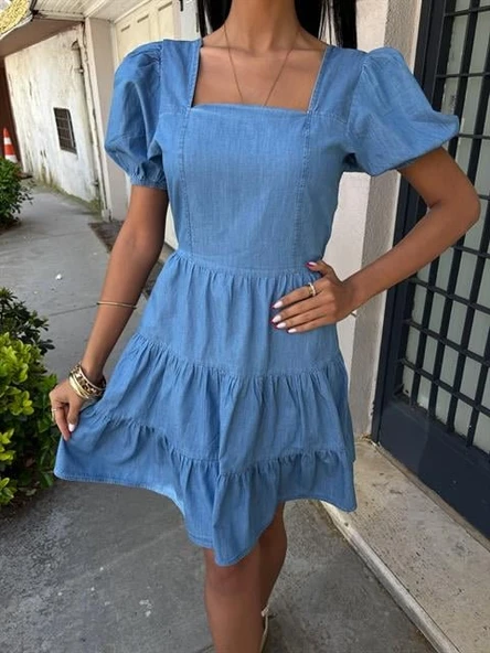 Kare Yakalı Ve Gipe Detaylı Tensel Elbise 2883 - Resim 7