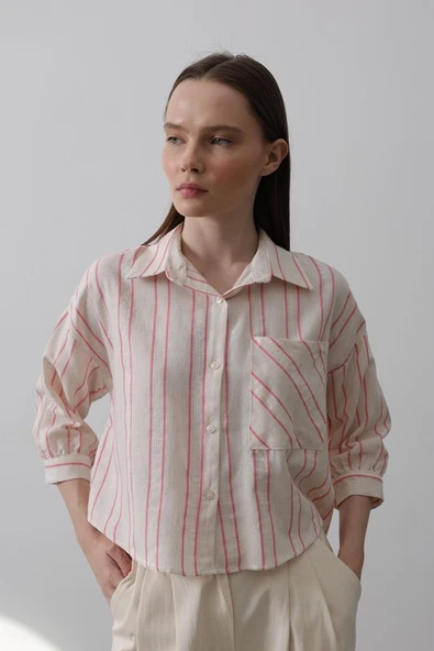 Çizgili Kısa Gömlek - Bej Pembe - Resim 2