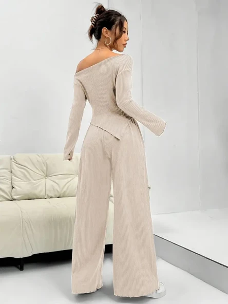 Kadın Uzun Kollu Omuzlardan Açık Asimetrik Kesim Kaşkorse Bluz Ve Pantolon Ikili Pantolon - Resim 4