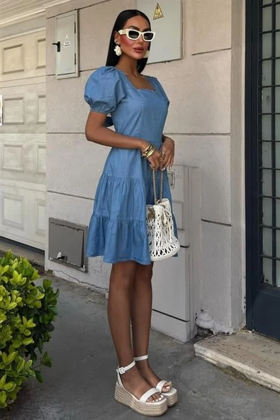 Kare Yakalı Ve Gipe Detaylı Tensel Elbise 2883 - Resim 2