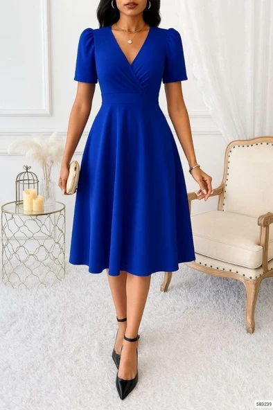 Kadın Kruvaze Yaka Kısa Kollu Midi Boy Krep Kumaş Elbise ürün görseli