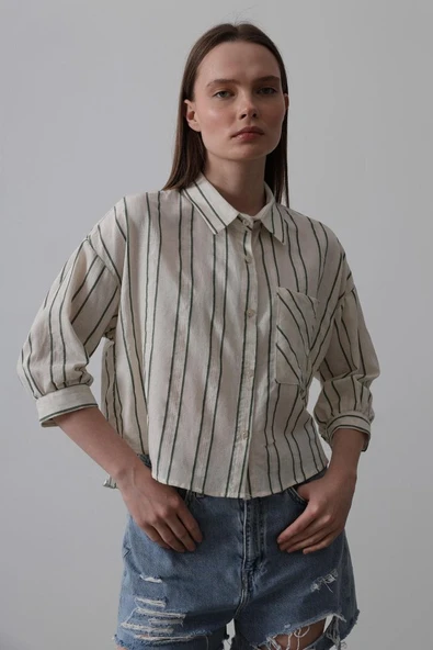 Çizgili Kısa Gömlek - Bej-Yeşil - Resim 2