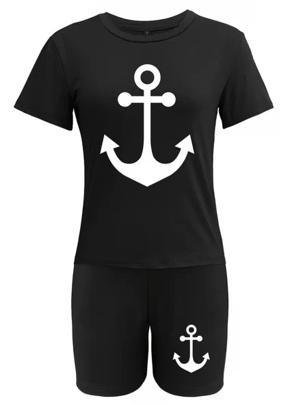 Kadın Kısa Kollu çapa Baskılı Viskon Ikili Takım - Resim 4