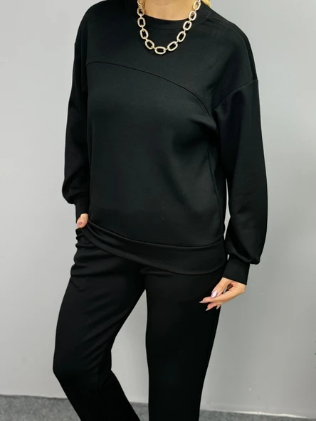 Kadın Uzun Kollu Bisiklet Yaka Viskon Iki Iplik Bluz Ve Pantolon Ikili Takım - Resim 3