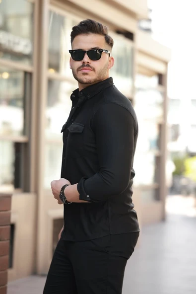 Erkek çift Cepli çıtçıt Düğmeli Uzun Kollu Gömlek - Resim 2