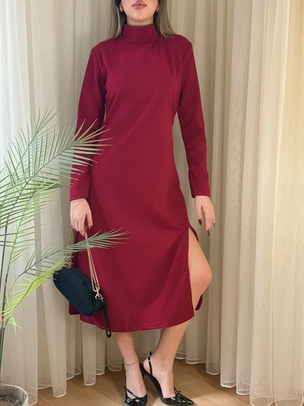 Kadın Uzun Kollu Balıkçı Yaka Derin Yırtmaç Detay Krep Elbise - Resim 2