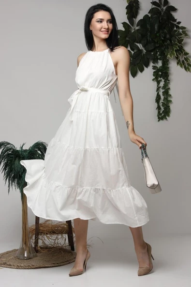 Ekru Halter Yakalı Kuşaklı Elbise - Resim 3