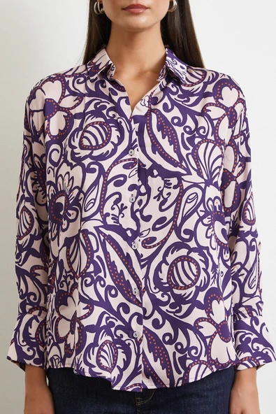 Çiçek Desenli Saten Gömlek Mor - Resim 4