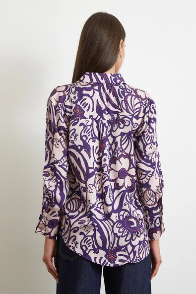 Çiçek Desenli Saten Gömlek Mor - Resim 6