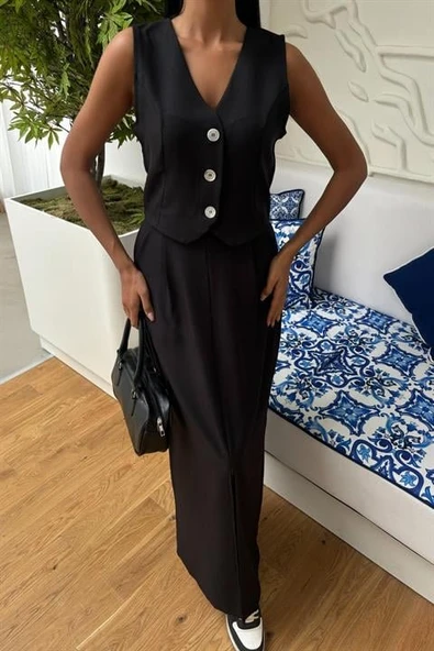 Etek Yırtmaçlı Yelekli Keten Takım 10131 - Resim 4