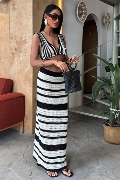 Çizgili Bikini Üst Ve Etek Triko Takım 10110 - Resim 7