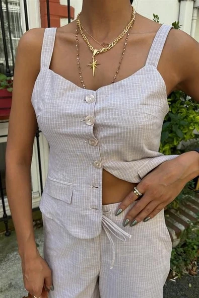 Kalın Askılı Bluz Pantolon Keten Takım 10187 - Resim 7