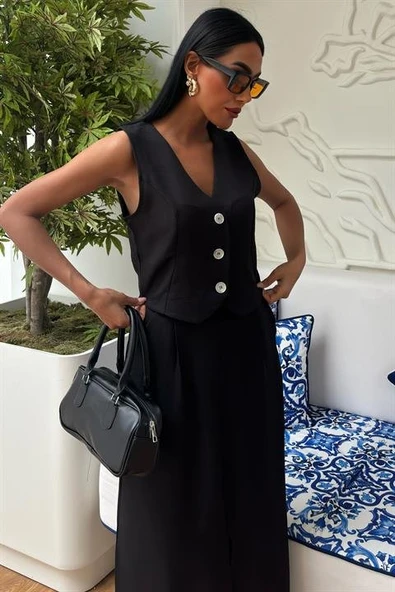 Etek Yırtmaçlı Yelekli Keten Takım 10131 - Resim 5