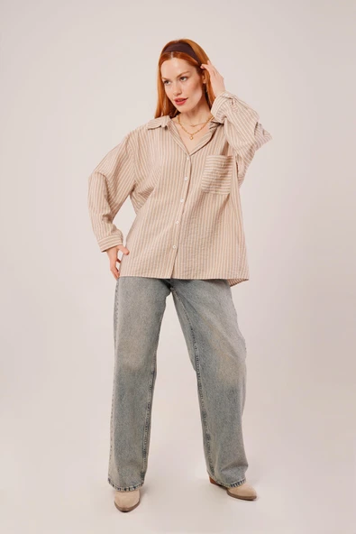Çizgi Detaylı Cepli Camel Gömlek - Resim 2