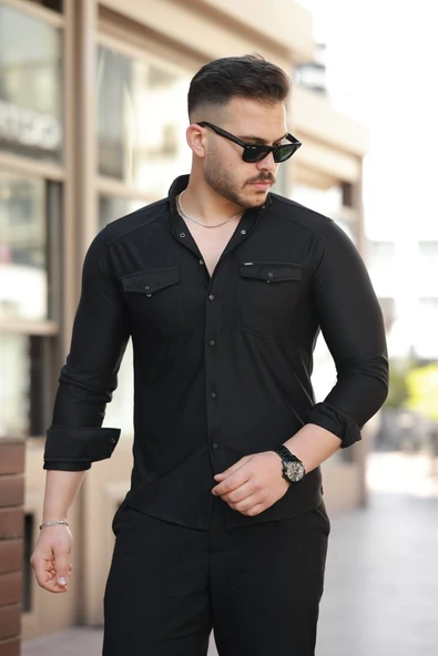 Erkek çift Cepli çıtçıt Düğmeli Uzun Kollu Gömlek ürün görseli