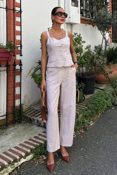 Kalın Askılı Bluz Pantolon Keten Takım 10187 - Resim 5