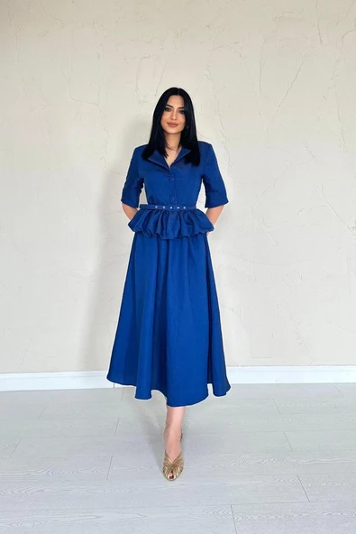 Lacivert İnce Kemerli Fırfırlı Ceket Ve Büzgülü Etek Takım - Resim 2