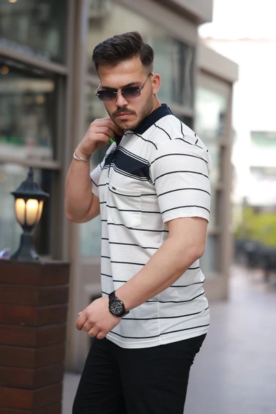 Erkek Yakalı çizgili Kısa Kollu T-shirt - Resim 2