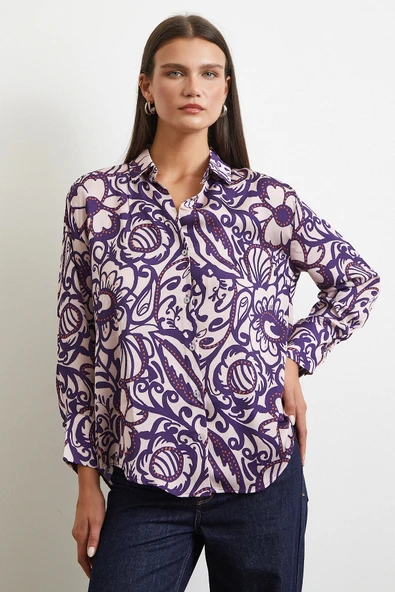 Çiçek Desenli Saten Gömlek Mor - Resim 2