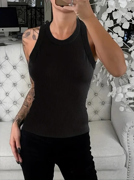 Kadın Kolsuz Yuvarlak Yaka Kalın Fitilli şardonlu Kaşkorse Bluz - Resim 3