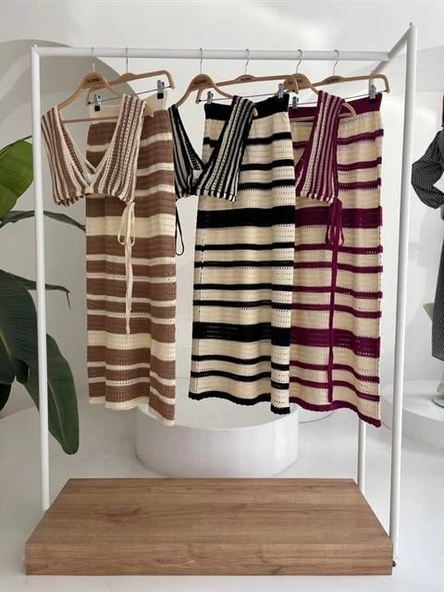 Çizgili Bikini Üst Ve Etek Triko Takım 10110 - Resim 11