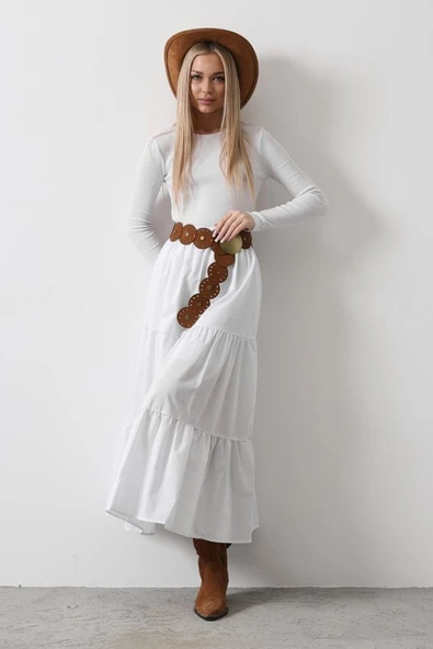 Pamuklu Beli Lastikli Etek - Beyaz ürün görseli 1