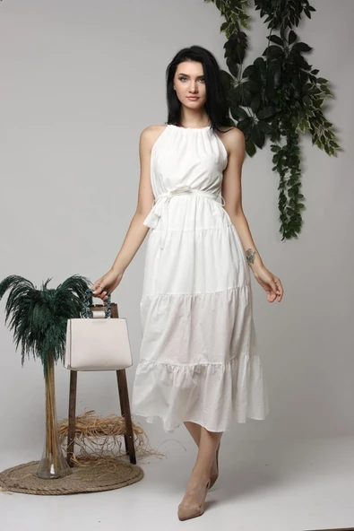Ekru Halter Yakalı Kuşaklı Elbise ürün görseli 1