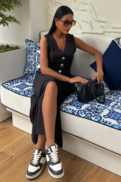 Etek Yırtmaçlı Yelekli Keten Takım 10131 - Resim 3