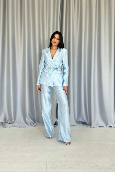 Mavi Beli Kuşaklı Ceket Ve Pantolon Parlak Takım ürün görseli 1