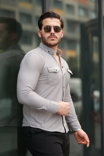 Erkek çift Cepli çıtçıt Düğmeli Uzun Kollu Gömlek - Resim 2