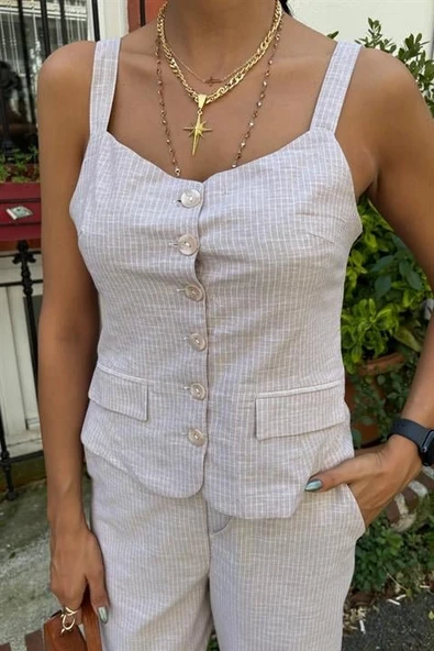 Kalın Askılı Bluz Pantolon Keten Takım 10187 - Resim 6