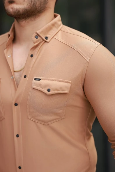 Erkek çift Cepli çıtçıt Düğmeli Uzun Kollu Gömlek - Resim 3