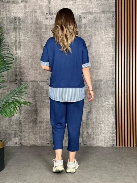 Kadın Modal Kumaş çizgili Gömlek Yaka Ikili Takım - Resim 3