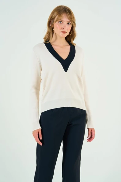 V Yaka Triko Kazak - Krem-Siyah - Resim 2